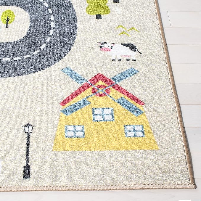 SAFAVIEH Washable Rug Kids Playhouse Collection - 3'3" Square, Beige & Green, Slip Resistant & Easy to Clean, Ideal for Kids Room, Playroom, Nursery, Boys & Girls Room (KPH227A)