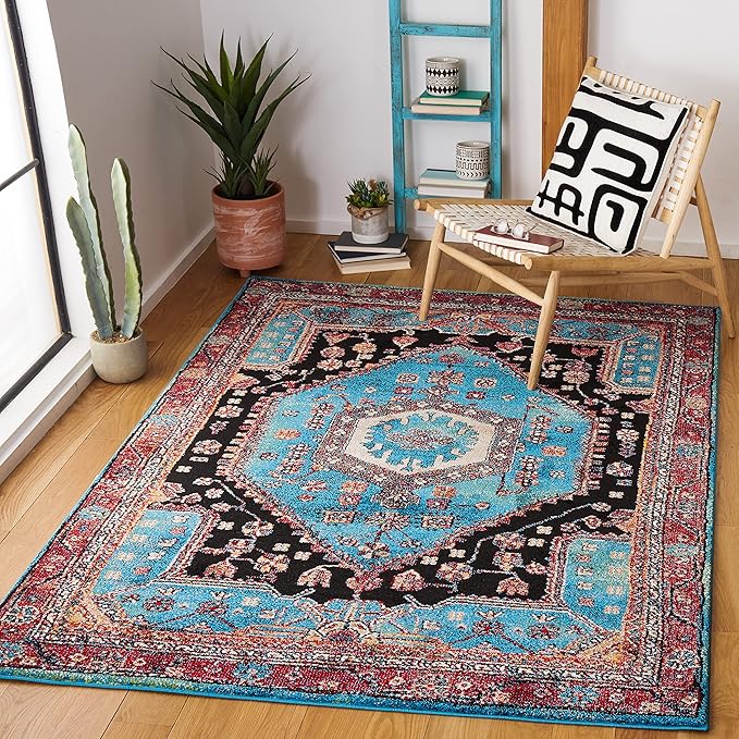 SAFAVIEH Vintage Hamadan Collection Area Rug - 6'7" x 9', Turquoise & Black, Transitional Design, Stain Resistant, Ideal for High Traffic Areas in Living Room, Bedroom & Dining Room (VTH204K-6)