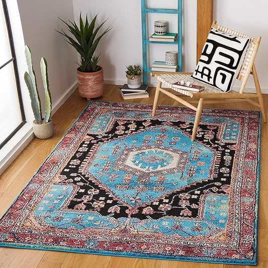 SAFAVIEH Vintage Hamadan Collection Area Rug - 6'7" x 9', Turquoise & Black, Transitional Design, Stain Resistant, Ideal for High Traffic Areas in Living Room, Bedroom & Dining Room (VTH204K-6)