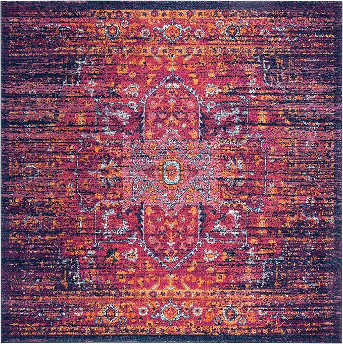 SAFAVIEH Evoke Collection Area Rug - 5'3" Square, Blue & Fuchsia, Oriental Medallion Distressed Design, Non-Shedding & Easy Care, Ideal for High Traffic Areas in Living Room, Bedroom (EVK275F)