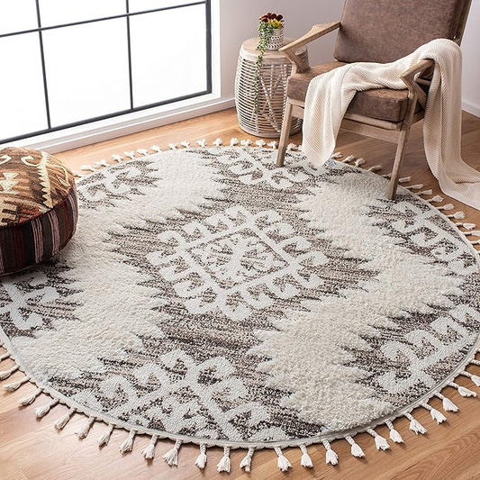 SAFAVIEH Moroccan Tassel Shag Collection Area Rug - 10' Round, Ivory & Brown, Boho Design, Non-Shedding & Easy Care, 2-inch Thick Ideal for High Traffic Areas in Living Room, Bedroom (MTS652A)