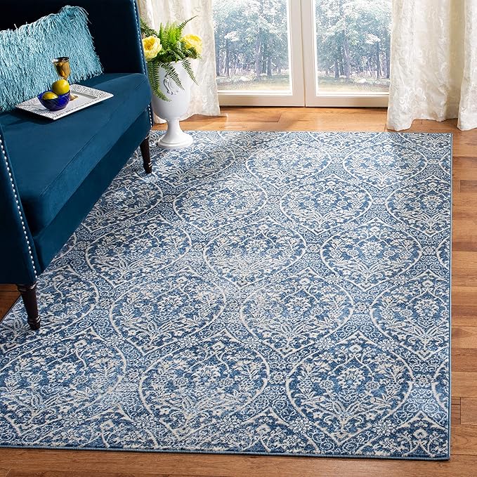 SAFAVIEH Brentwood Collection Accent Rug - 4' x 6', Navy & Light Grey, Floral Damask Trellis Design, Non-Shedding & Easy Care, Ideal for High Traffic Areas in Entryway, Living Room, Bedroom (BNT860M)