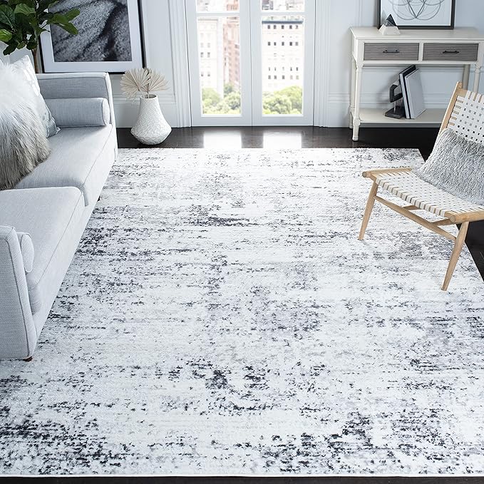 SAFAVIEH Amelia Collection Area Rug - 10' Square, Ivory & Grey, Modern Abstract Design, Non-Shedding & Easy Care, Ideal for High Traffic Areas in Living Room, Bedroom (ALA700C)