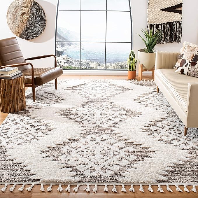 SAFAVIEH Moroccan Tassel Shag Collection Accent Rug - 3' x 5', Ivory & Brown, Boho Design, Non-Shedding & Easy Care, 2-inch Thick Ideal for High Traffic Areas in Foyer, Living Room, Bedroom (MTS652A)