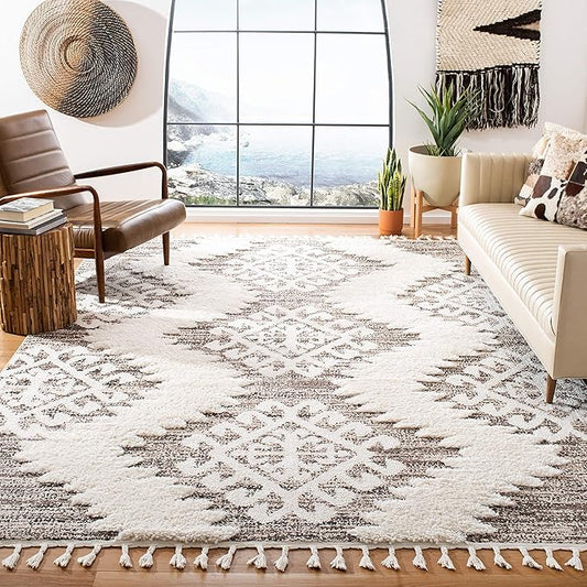 SAFAVIEH Moroccan Tassel Shag Collection Accent Rug - 3' x 5', Ivory & Brown, Boho Design, Non-Shedding & Easy Care, 2-inch Thick Ideal for High Traffic Areas in Foyer, Living Room, Bedroom (MTS652A)