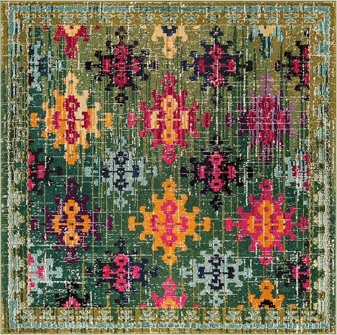 SAFAVIEH Monaco Collection Area Rug - 6'7" Square, Green & Multi, Boho Diamond Trellis Design, Non-Shedding & Easy Care, Ideal for High Traffic Areas in Living Room, Bedroom (MNC244G)