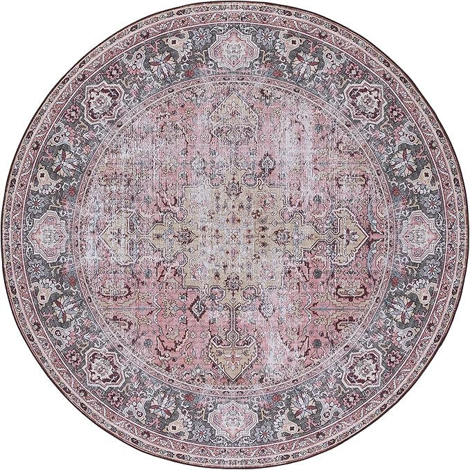 SAFAVIEH Washable Rug Tucson Collection - 6' Round, Pink & Beige, Slip Resistant & Easy to Clean, Ideal for Living Room, Bedroom, Dining Space (TSN144U)