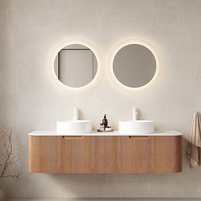 KEIKI 60" Wall-Mounted Floating Vanity, Modern Bathroom Vanity with Sinks and 3D Striped Drawer Fronts, 2 White Ceramic Vessel Basins, Pre-Assembled Storage Cabinet for Bathroom, Natural Wood