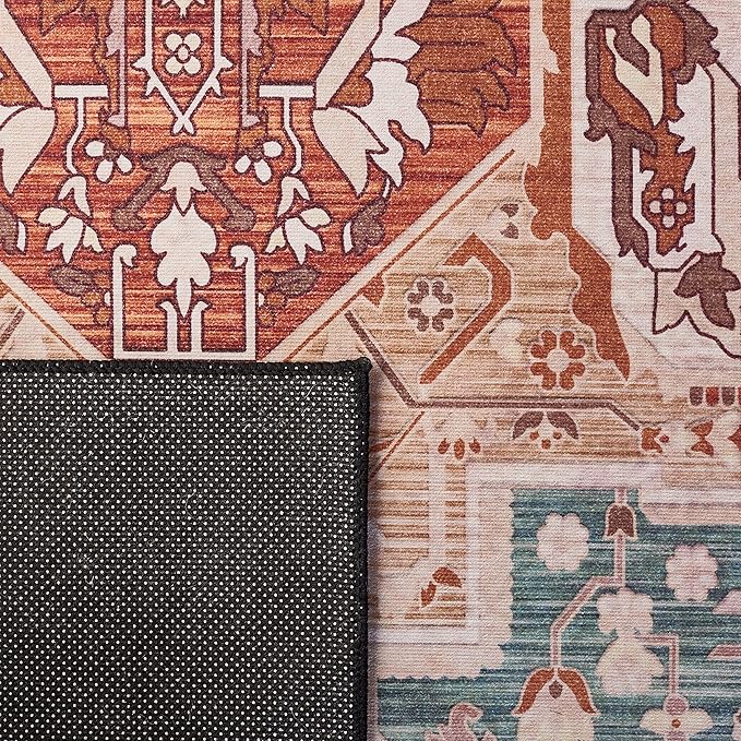 SAFAVIEH Washable Rug Tucson Collection - 8' x 10', Aqua & Rust, Slip Resistant & Easy to Clean, Ideal for Living Room, Bedroom, Dining Space (TSN150J)