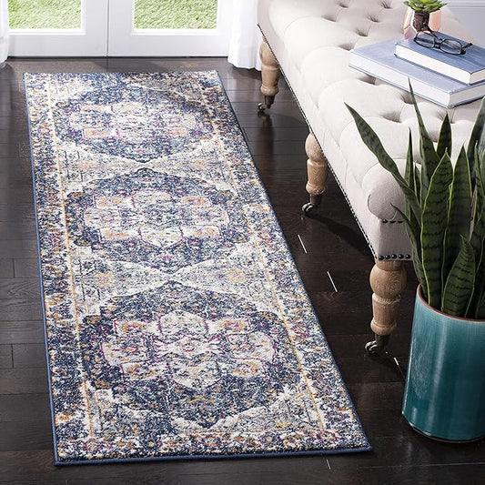 SAFAVIEH Evoke Collection Runner Rug - 2'2" x 7', Navy & Grey, Oriental Medallion Distressed Design, Non-Shedding & Easy Care, Ideal for High Traffic Areas in Living Room, Bedroom (EVK275N)
