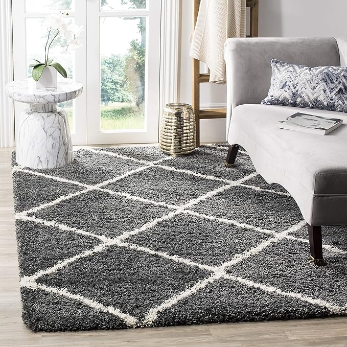 SAFAVIEH Hudson Shag Collection Area Rug - 3' Square, Dark Grey & Ivory, Modern Trellis Design, Non-Shedding & Easy Care, 2-inch Thick Ideal for High Traffic Areas in Living Room, Bedroom (SGH281G)