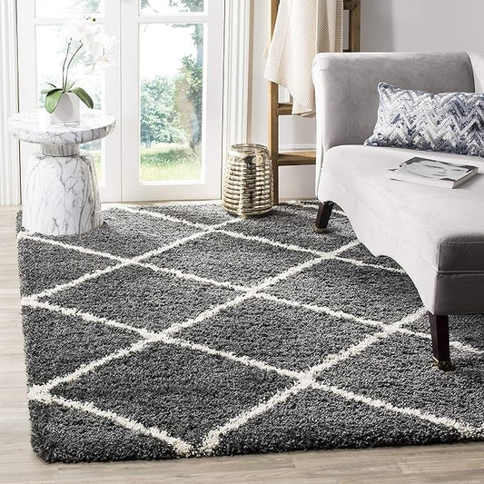 SAFAVIEH Hudson Shag Collection Area Rug - 3' Square, Dark Grey & Ivory, Modern Trellis Design, Non-Shedding & Easy Care, 2-inch Thick Ideal for High Traffic Areas in Living Room, Bedroom (SGH281G)