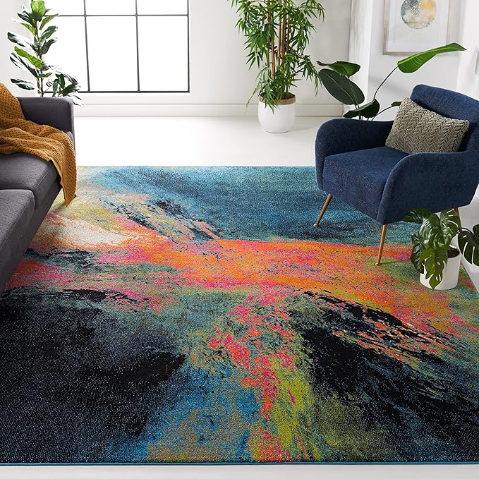 SAFAVIEH Galaxy Collection Area Rug - 6'7" Square, Blue & Orange, Modern Abstract Design, Non-Shedding & Easy Care, Ideal for High Traffic Areas in Living Room, Bedroom (GAL117N)