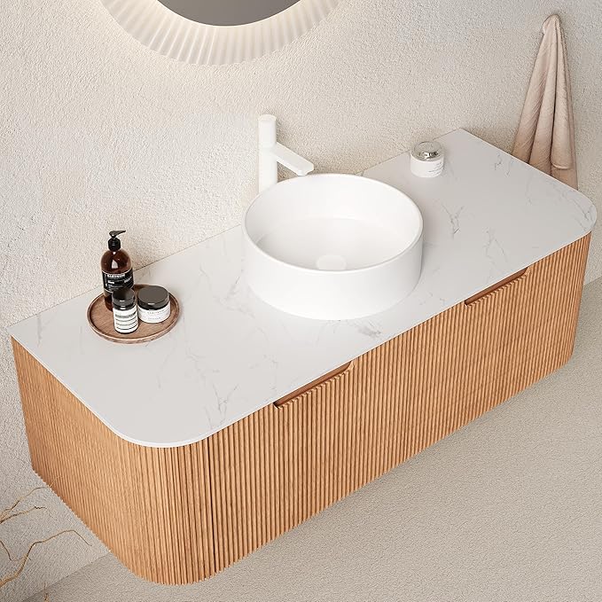 KEIKI 48" Bathroom Vanity with Sink, Wall-Mounted Floating Vanity with Curved Edges & 3D Striped Drawer Fronts, White Round Ceramic Basin, Pre-Assembled Storage Cabinet, Natural Wood