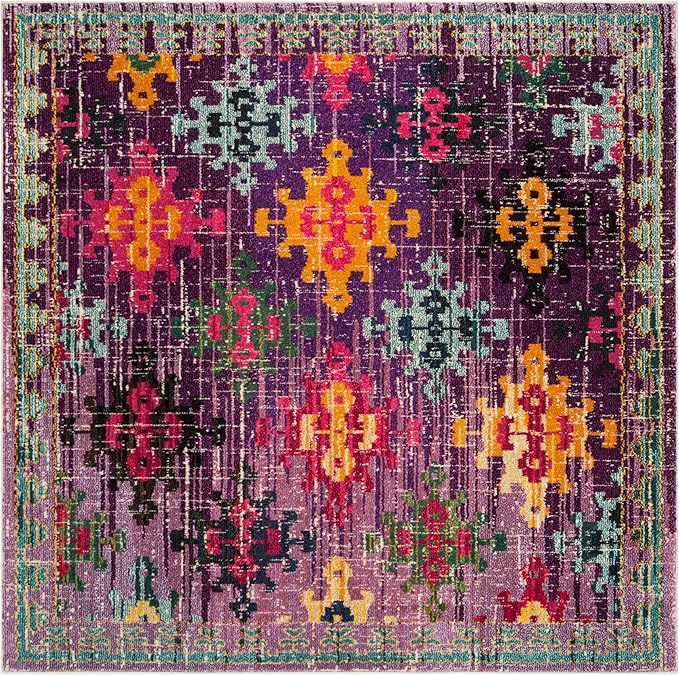 SAFAVIEH Monaco Collection Area Rug - 6'7" Square, Purple & Multi, Boho Diamond Trellis Design, Non-Shedding & Easy Care, Ideal for High Traffic Areas in Living Room, Bedroom (MNC244P)