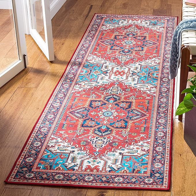 SAFAVIEH Washable Rug Tucson Collection - 2'6' x 10' Runner, Red & Blue, Slip Resistant & Easy to Clean, Ideal for Living Room, Bedroom, Dining Space (TSN101Q)