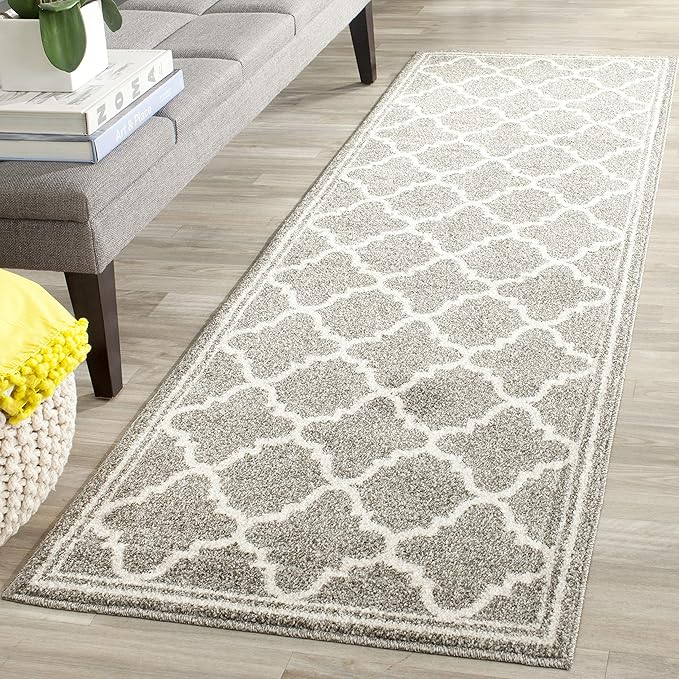 SAFAVIEH Amherst Collection Runner Rug - 2'3" x 17', Dark Grey & Beige, Moroccan Trellis Design, Non-Shedding & Easy Care, Ideal for High Traffic Areas in Living Room, Bedroom (AMT422R)