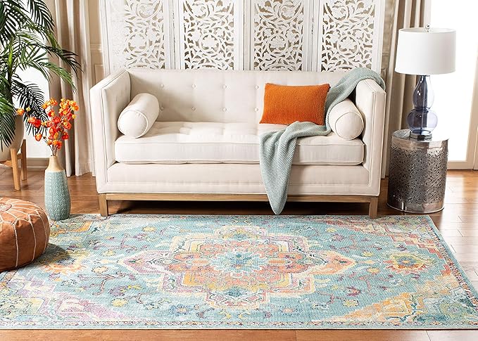 SAFAVIEH Crystal Collection X-Large Area Rug - 11' x 16', Teal & Orange, Medallion Distressed Design, Non-Shedding & Easy Care, Ideal for High Traffic Areas in Living Room, Bedroom (CRS501J)