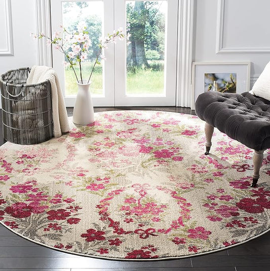 SAFAVIEH Monaco Collection 6'7" Round Ivory / Pink MNC205R Floral Non-Shedding Dining Room Entryway Foyer Living Room Bedroom Area Rug