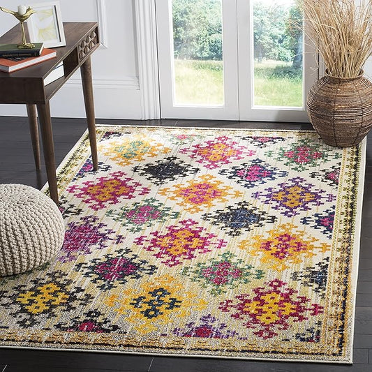 SAFAVIEH Monaco Collection Area Rug - 8' x 10', Ivory & Multi, Boho Diamond Trellis Design, Non-Shedding & Easy Care, Ideal for High Traffic Areas in Living Room, Bedroom (MNC244A)