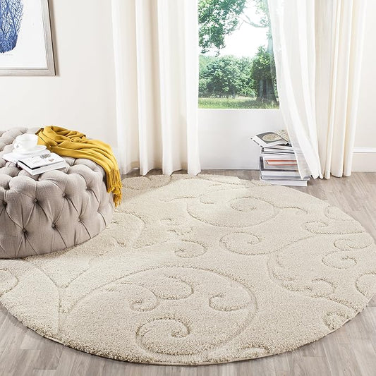 SAFAVIEH Florida Shag Collection Area Rug - 6'7" Round, Cream & Cream, Scroll Design, Non-Shedding & Easy to Clean, High-Low Plush Pile, Ideal for Living Room, Bedroom, Dining Space (SG455-1111)