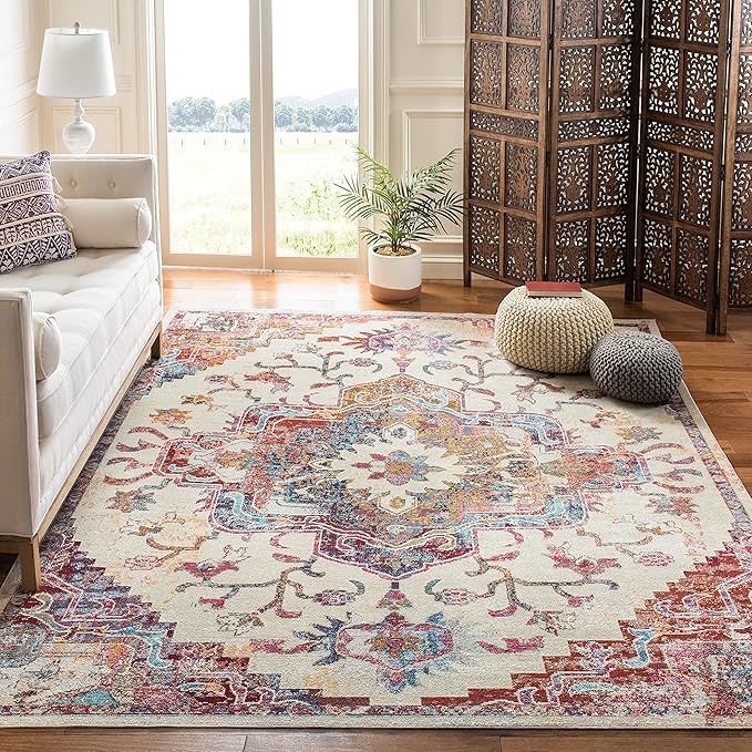 SAFAVIEH Crystal Collection Area Rug - 8' x 10', Light Blue & Burgundy, Medallion Distressed Design, Non-Shedding & Easy Care, Ideal for High Traffic Areas in Living Room, Bedroom (CRS501F)