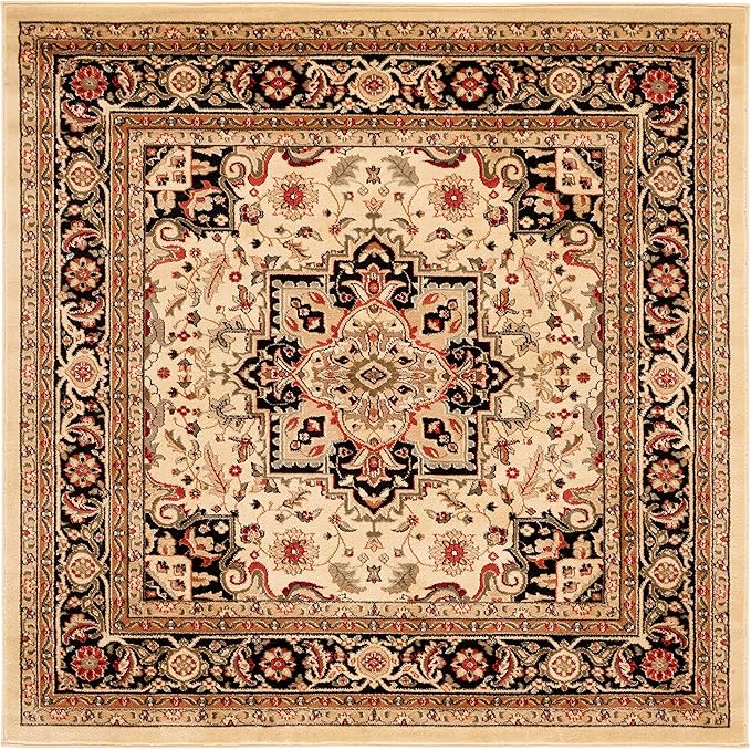SAFAVIEH Lyndhurst Collection Area Rug - 6' Square, Beige & Black, Traditional Oriental Design, Non-Shedding & Easy Care, Ideal for High Traffic Areas in Living Room, Bedroom (LNH330C)