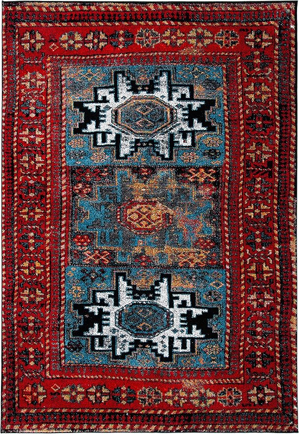 SAFAVIEH Vintage Hamadan Collection Area Rug - 6'7" x 9', Red & Blue, Geometric Design, Ideal for High Traffic Areas in Living Room, Bedroom & Dining Room (VTH213Q-6)