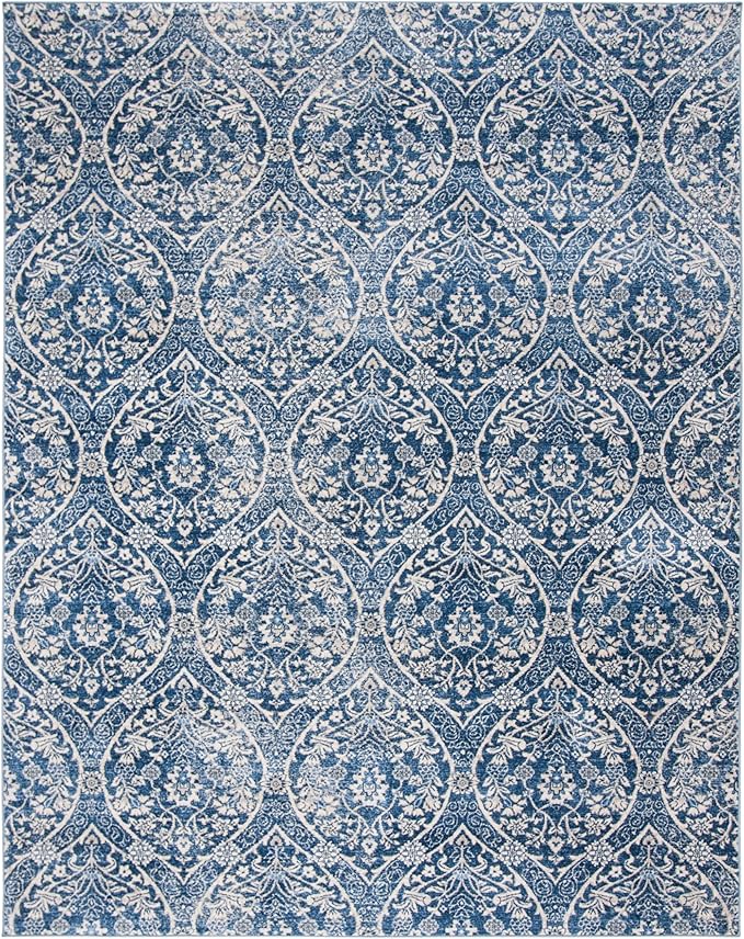 SAFAVIEH Brentwood Collection Area Rug - 9' x 12', Navy & Light Grey, Floral Damask Ogee Trellis Design, Non-Shedding & Easy Care, Ideal for High Traffic Areas in Living Room, Bedroom (BNT860M)
