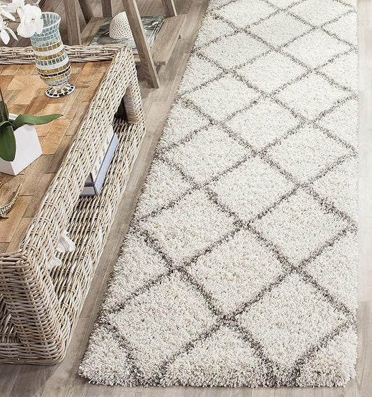 SAFAVIEH Hudson Shag Collection Runner Rug - 2'3" x 22', Ivory & Grey, Modern Trellis Design, Non-Shedding & Easy Care, 2-inch Thick Ideal for High Traffic Areas in Living Room, Bedroom (SGH281A)