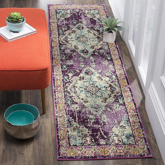 SAFAVIEH Monaco Collection Runner Rug - 2'2" x 14', Violet & Light Blue, Non-Shedding & Easy to Clean, Distressed Medallion Design, Ideal for Hallway, Foyer, Entryway, Kitchen, Bedroom (MNC243L)