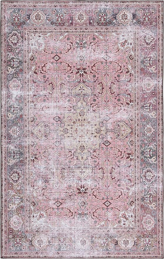 SAFAVIEH Washable Rug Tucson Collection - 6' x 9', Pink & Beige, Slip Resistant & Easy to Clean, Ideal for Living Room, Bedroom, Dining Space (TSN144U)
