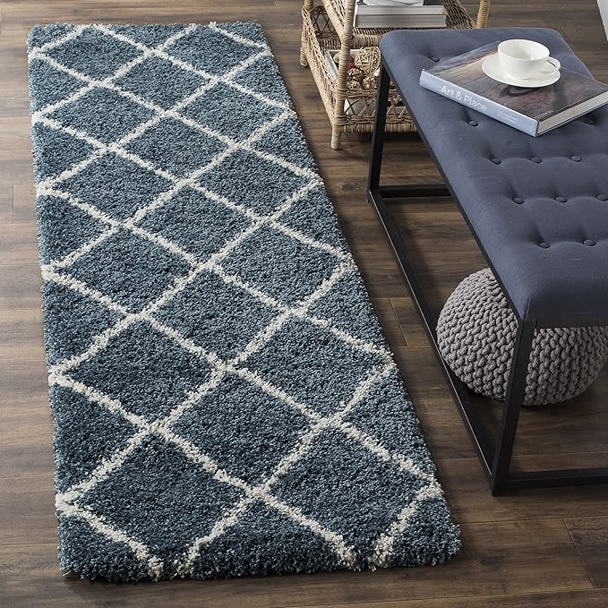 SAFAVIEH Hudson Shag Collection Runner Rug - 2'3" x 12', Slate Blue & Ivory, Trellis Design, Non-Shedding & Easy Care, 2-inch Thick Ideal for High Traffic Areas in Living Room, Bedroom (SGH281L)