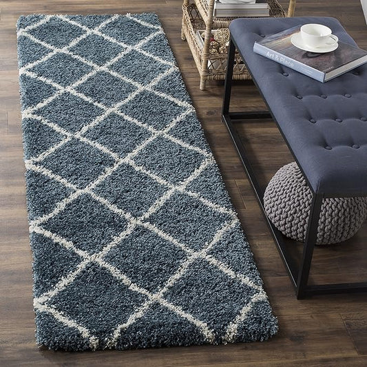 SAFAVIEH Hudson Shag Collection Runner Rug - 2'3" x 12', Slate Blue & Ivory, Trellis Design, Non-Shedding & Easy Care, 2-inch Thick Ideal for High Traffic Areas in Living Room, Bedroom (SGH281L)