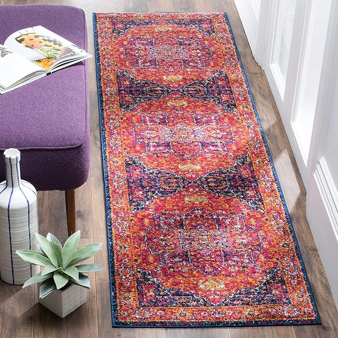 SAFAVIEH Evoke Collection 2'2" x 21' Fuchsia / Orange EVK275S Oriental Medallion Distressed Non-Shedding Living Room Bedroom Runner Rug
