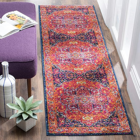 SAFAVIEH Evoke Collection 2'2" x 7' Fuchsia / Orange EVK275S Oriental Medallion Distressed Non-Shedding Living Room Entryway Foyer Hallway Bedroom Runner Rug
