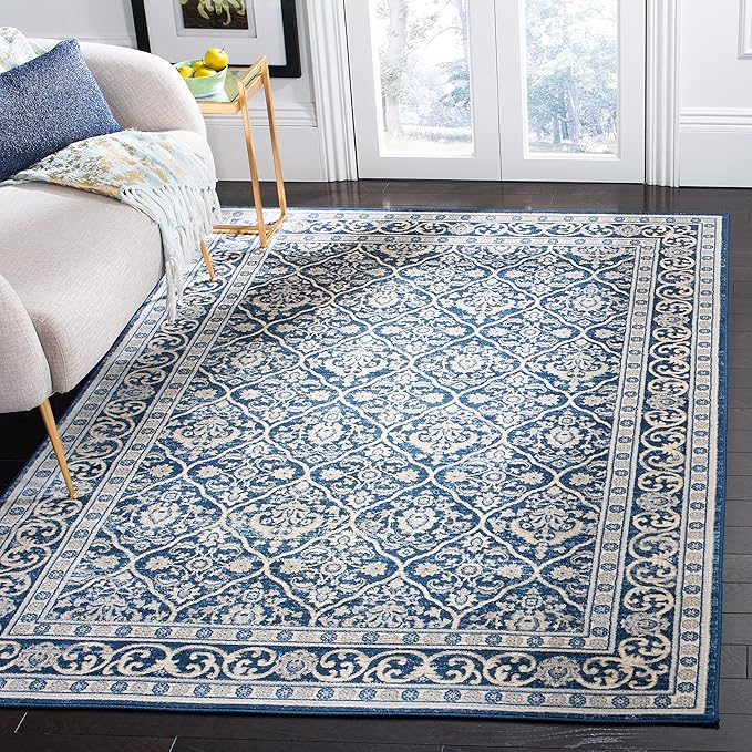 SAFAVIEH Brentwood Collection 6' x 9' Navy / Light Grey BNT870M Oriental Damask Trellis Non-Shedding Living Room Bedroom Dining Home Office Area Rug