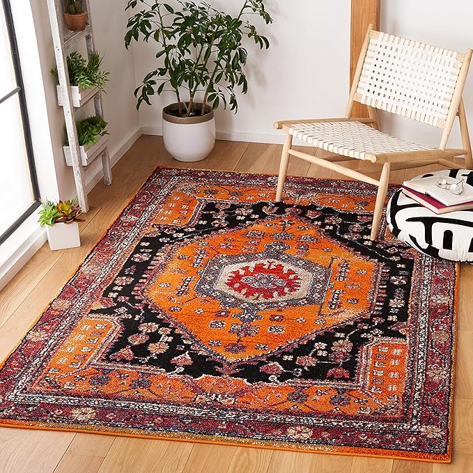 SAFAVIEH Vintage Hamadan Collection Area Rug - 6'7" x 9', Orange & Black, Transitional Design, Stain Resistant, Ideal for High Traffic Areas in Living Room, Bedroom & Dining Room (VTH204P-6)