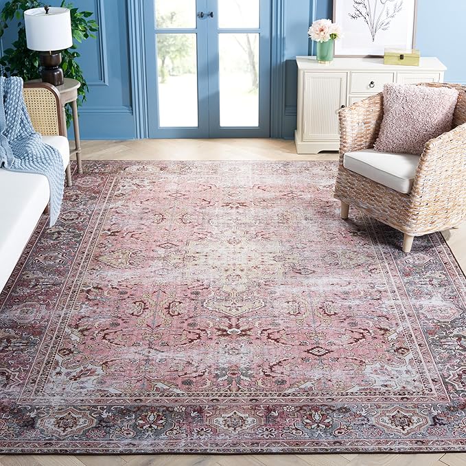 SAFAVIEH Washable Rug Tucson Collection - 10' x 14', Pink & Beige, Slip Resistant & Easy to Clean, Ideal for Living Room, Bedroom, Dining Space (TSN144U)