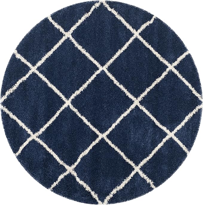 SAFAVIEH Hudson Shag Collection Area Rug - 7' Round, Navy & Ivory, Modern Trellis Design, Non-Shedding & Easy Care, 2-inch Thick Ideal for High Traffic Areas in Living Room, Bedroom (SGH281C)