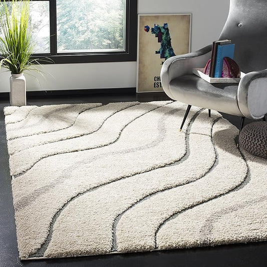 SAFAVIEH Florida Shag Collection Accent Rug - 3'3" x 5'3", Cream & Light Blue, Non-Shedding & Easy Care, 1.2-inch Thick Ideal for High Traffic Areas in Entryway, Living Room, Bedroom (SG472-1160)