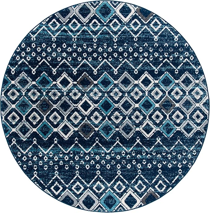 SAFAVIEH Amsterdam Collection 6'7" Round Navy / Beige AMS108N Moroccan Boho Non-Shedding Dining Room Entryway Foyer Living Room Bedroom Area Rug