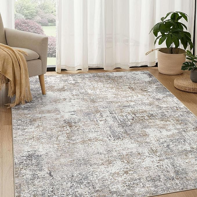 Area Rug Living Room Rugs - 5x7 Abstract Large Soft Indoor Washable Rug Neutral Modern Low Pile Carpet for Bedroom Dining Room Farmhouse Home Office - Brown/Grey/Black