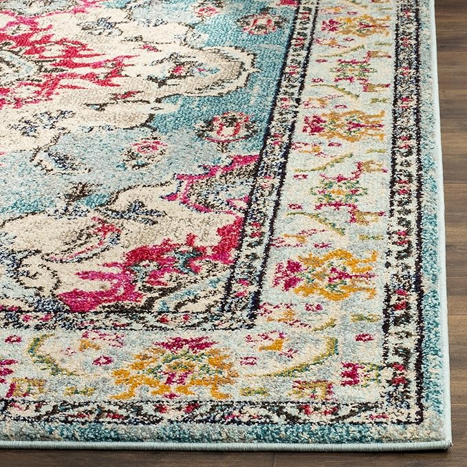 SAFAVIEH Monaco Collection Area Rug - 5'1" x 7'7", Light Blue & Fuchsia, Boho Chic Medallion Distressed Design, Non-Shedding & Easy Care, Ideal for High Traffic Areas in Living Room, Bedroom (MNC243J)