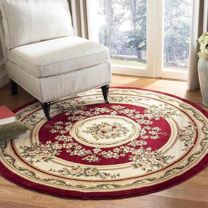 SAFAVIEH Lyndhurst Collection Area Rug - 8' Round, Red & Ivory, Traditional European Medallion Design, Non-Shedding & Easy Care, Ideal for High Traffic Areas in Living Room, Bedroom (LNH218C)