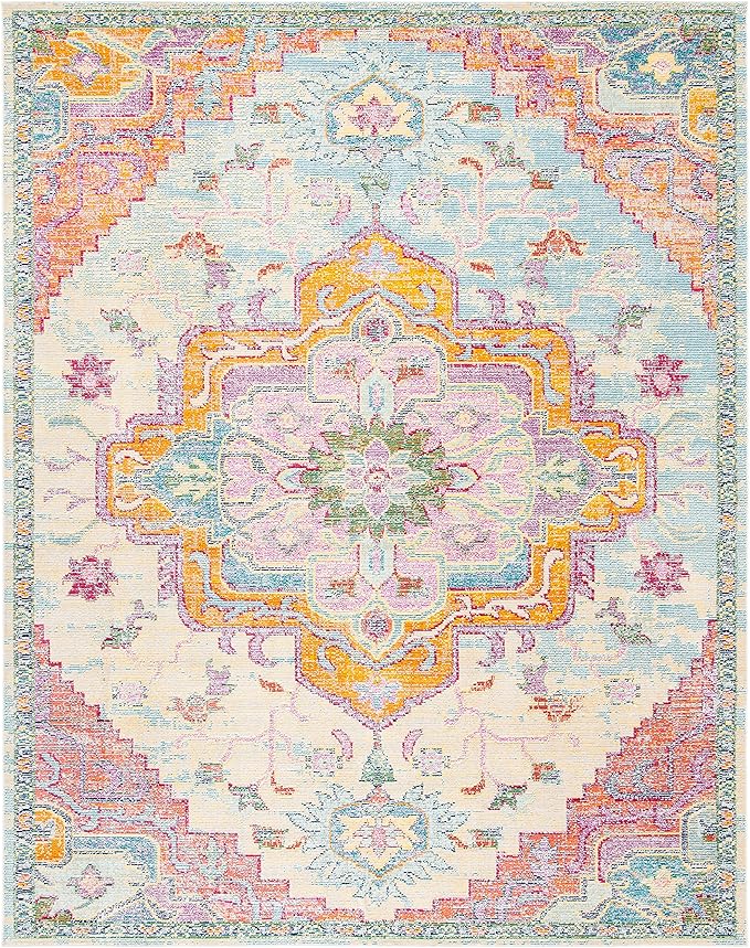 SAFAVIEH Area Rug 8x10 - Crystal Collection - Large - Light Blue & Fuchsia, Medallion Distressed Design, Non-Shedding & Easy Cleaning, Ideal for Living Room, Bedroom, Office, Dining Space (CRS501B)