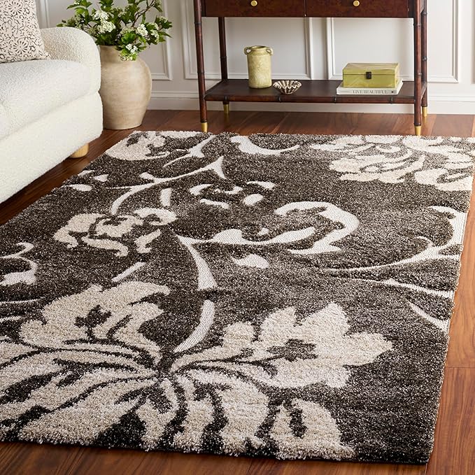 SAFAVIEH Florida Shag Collection Area Rug - 5'3" x 7'6", Smoke & Beige, Floral Design, Non-Shedding & Easy Care, 1.2-inch Thick Ideal for High Traffic Areas in Living Room, Bedroom (SG458-7913)