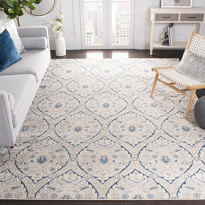 SAFAVIEH Brentwood Collection Accent Rug - 3' x 5', Light Grey & Blue, Floral Damask Trellis Design, Non-Shedding & Easy Care, Ideal for High Traffic Areas in Entryway, Living Room, Bedroom (BNT860G)
