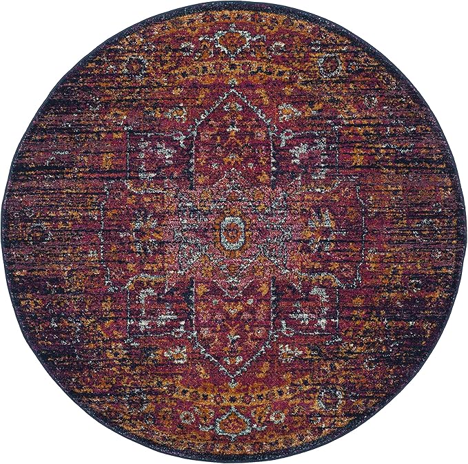 SAFAVIEH Evoke Collection Area Rug - 5'3" Round, Blue & Fuchsia, Oriental Medallion Distressed Design, Non-Shedding & Easy Care, Ideal for High Traffic Areas in Living Room, Bedroom (EVK275F)
