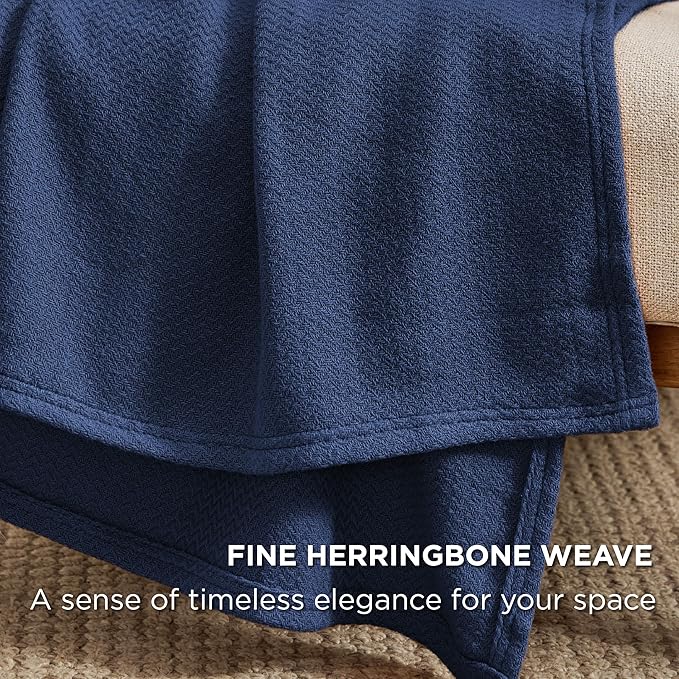 Bedsure GentleSoft 100% Cotton Large Blanket Oversized King for Bed 120x94 inches - Breathable Soft Cozy Herringbone Woven Blanket for Summer, Couch Cover, Navy Blue